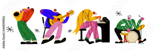 Cartoon retro musical characters in the style of the 90s. people play musical instruments.