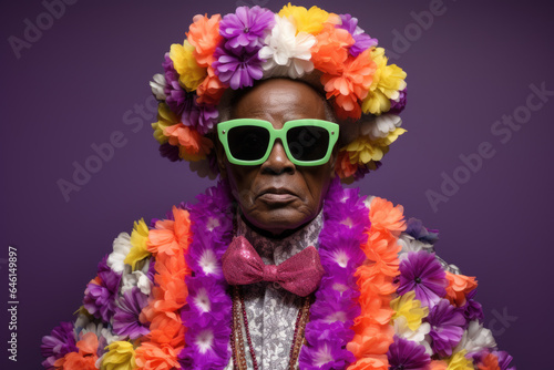 Man wearing vibrant and eye-catching outfit with sunglasses. This picture can be used to depict fashion, style, or bold personality.