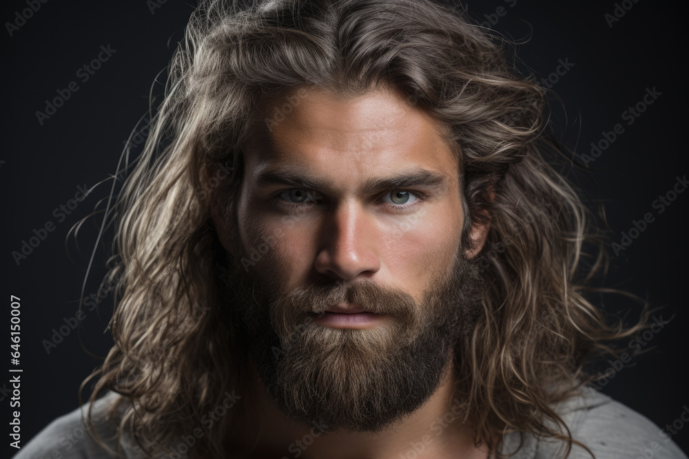 Fototapeta premium Picture of man with long hair and beard. Suitable for fashion, lifestyle, and grooming themes.