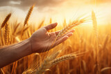 Hand holding stalk of wheat in field. This image can be used to represent agriculture, farming, harvest, or beauty of nature.