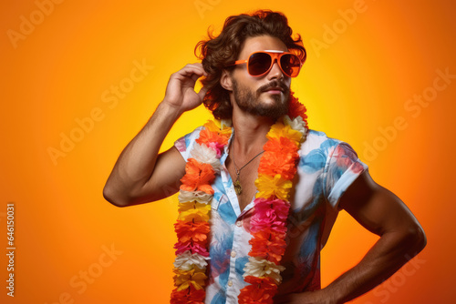 Man wearing vibrant, colorful shirt and stylish sunglasses. This image can be used to depict fashion, summer vibes, or trendy lifestyle.
