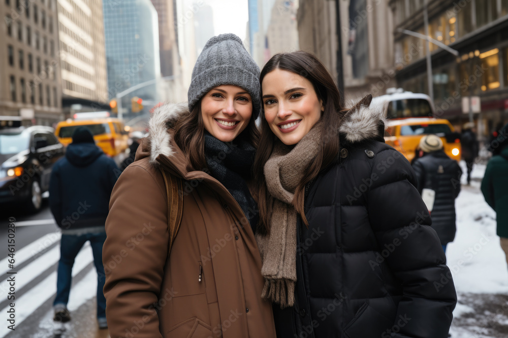 Two women standing next to each other on street. Suitable for lifestyle, friendship, diversity, city life, and urban themes. Two women standing next to each other on street. Suitable for lifestyle, friendship, diversity, city life, and urban themes.