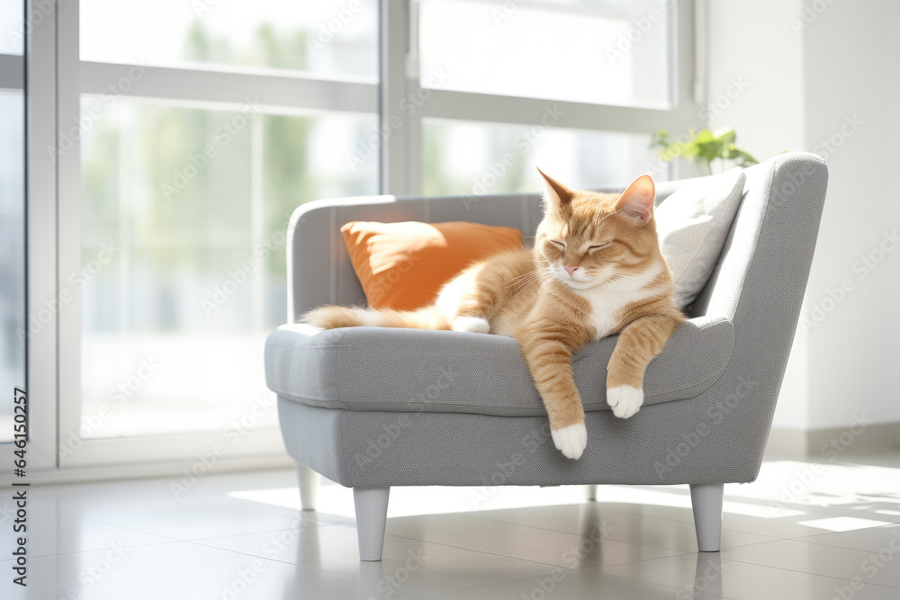 Peaceful image of cat laying on chair. Perfect for adding touch of tranquility to any space.