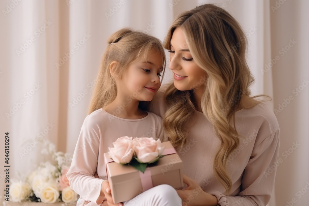Heartwarming image of woman and little girl holding present. This picture captures joy and excitement of gift-giving. Perfect for illustrating bond between generations and joy of special occasions. Heartwarming image of woman and little girl holding present. This picture captures joy and excitement of gift-giving. Perfect for illustrating bond between generations and joy of special occasions.