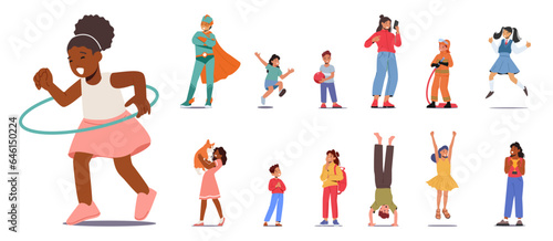 Set of Children. Girls or Boys Characters Spin Hula Hoop, Wear Firefighter or School Uniform, Super Hero Costume
