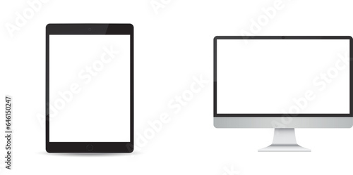 Realistic tablet mockup. Modern office device. 3D vector object with dropped shadow