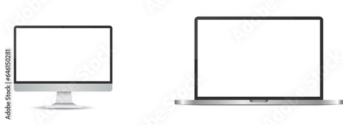 Realistic grey PC monitor mockup. Modern office device. 3D vector object with dropped shadow