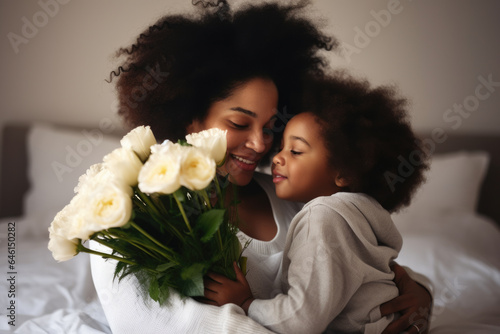 Woman holding child in her arms and carrying beautiful bunch of flowers. Love and tenderness between mother and her child. Perfect for illustrating motherhood, family, and special occasions.