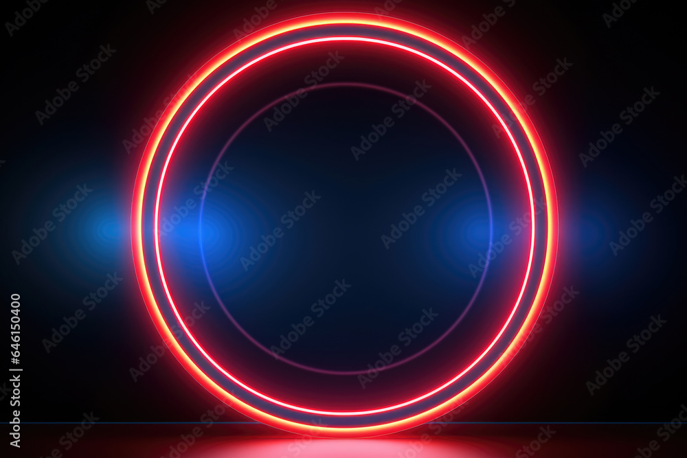 Vibrant red and blue neon circle glowing on dark black background. Perfect for adding modern and eye-catching touch to designs or presentations. Vibrant red and blue neon circle glowing on dark black background. Perfect for adding modern and eye-catching touch to designs or presentations.