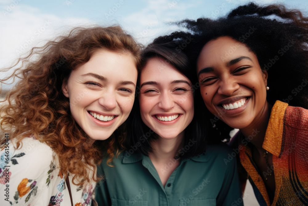 Three women standing side by side. Can be used to represent friendship, teamwork, or diversity. Suitable for various projects and designs. Three women standing side by side. Can be used to represent friendship, teamwork, or diversity. Suitable for various projects and designs.
