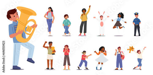 Set Children. Girls And Boys Characters Play Trumpet, Walk To School, Rejoice And Jump. Wear Police Officer And Rabbit