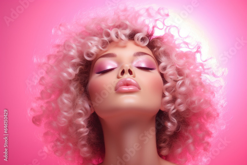 Close up shot of woman with vibrant pink hair. This image can be used for fashion, beauty, and lifestyle themes.