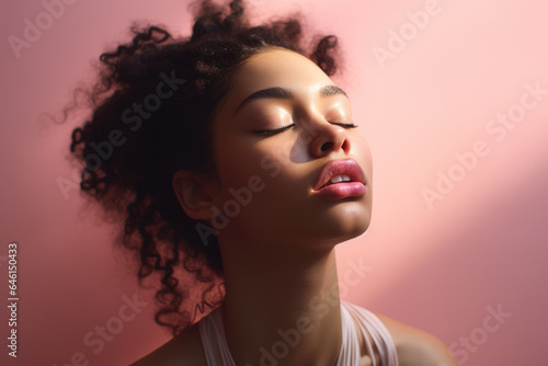 Woman with her eyes closed against vibrant pink background. This image can be used to depict relaxation, mindfulness, or beauty concepts.