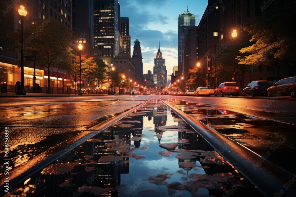 wet streets after rain in a cyberpunk-style city