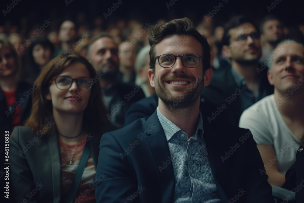 Man sitting in front of crowd of people. This image can be used to represent leadership, public speaking, or being center of attention.