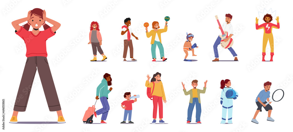 Set Of Children. Girls And Boys Characters Play Guitar, Maracas And Tennis, Astronaut, Schoolkids And Super Hero