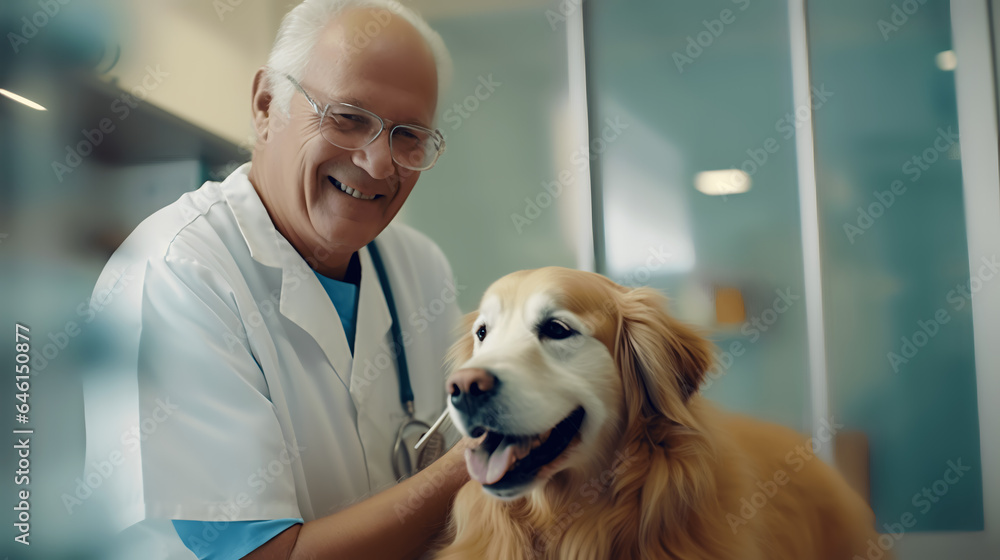 Old male vetenarian pets a happy golden retriever at a vet clinic