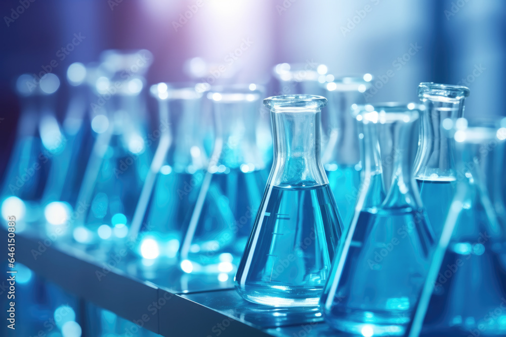 Row of test tubes filled with blue liquid. Can be used to illustrate scientific experiments or laboratory research. Row of test tubes filled with blue liquid. Can be used to illustrate scientific experiments or laboratory research.