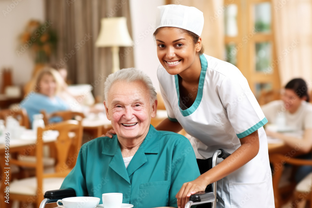 Obraz premium Nurse providing support and assistance to elderly woman in wheelchair. This image can be used to depict caregiving, healthcare, and support for elderly.