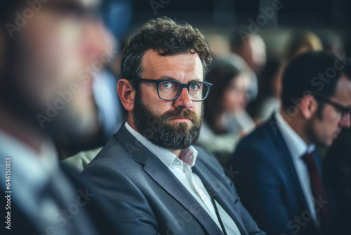 Picture of man with beard and glasses sitting in front of group of other men. This image can be used to depict variety of scenarios, such as business meeting, discussion, or seminar.