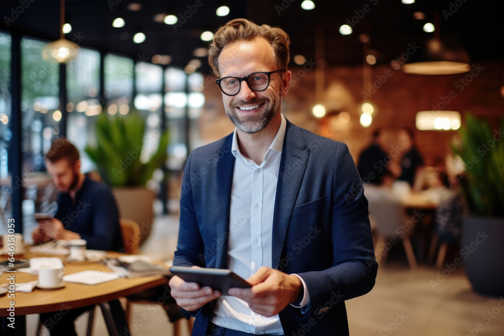 Fototapeta premium Man is seen standing in restaurant while holding tablet. This image can be used to showcase technology in hospitality industry or to illustrate use of digital devices in dining setting.