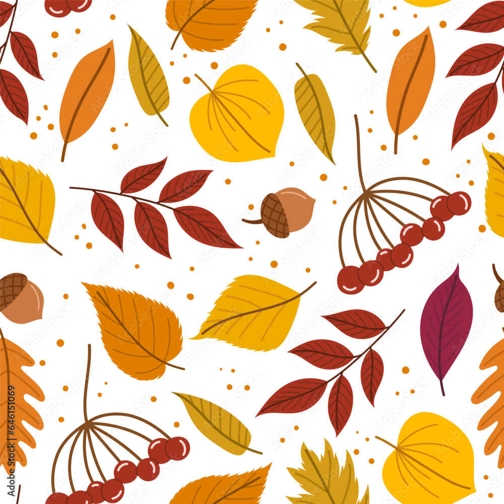 Fototapeta premium Charming Seamless Pattern Adorned With Golden Autumn Leaves, Berries And Acorns, Creating A Warm Atmosphere