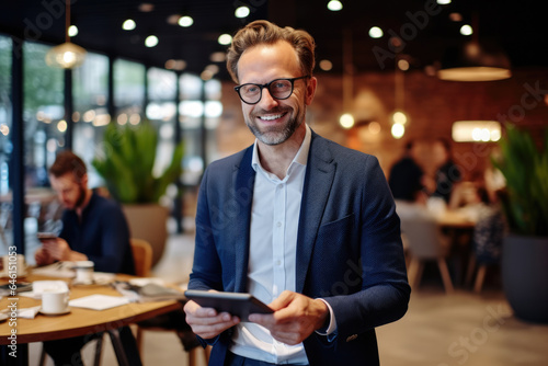 Man is seen standing in restaurant while holding tablet. This image can be used to showcase technology in hospitality industry or to illustrate use of digital devices in dining setting.