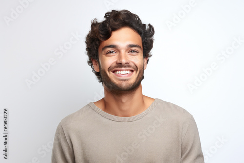 Picture of man with curly hair and friendly smile. Perfect for portraying positivity and approachability. Ideal for use in advertisements, websites, or social media campaigns.