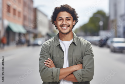 Man confidently stands on busy city street, with his arms crossed. Convey sense of confidence, determination, and urban lifestyle. Perfect for business, leadership, and city life concepts.