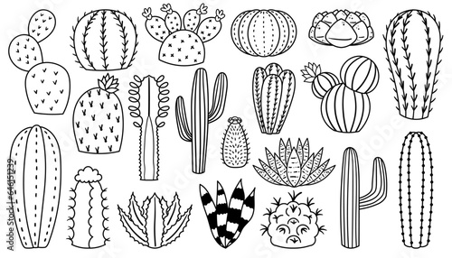 Linear Cacti Icons, Isolated Monochrome Minimalist Representations Of Cactus Plants In A Sleek, Line Art Style