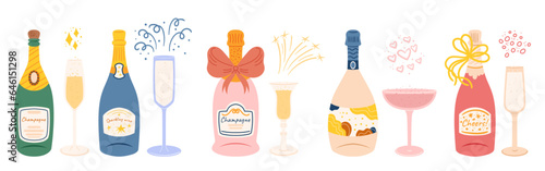 Set of Champagne Bottles, Sparkling Wine, Effervesces With Celebration. It Fills A Wineglass, Vector Illustration