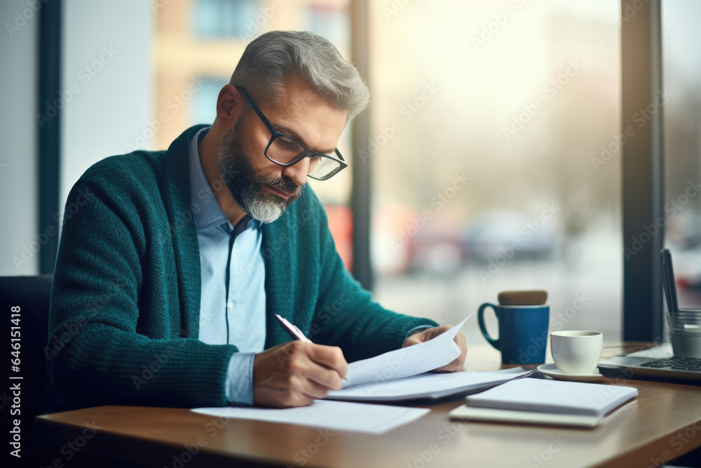 Man is depicted sitting at table, focused on writing with pen and paper. This image can be used to illustrate concepts of writing, creativity, productivity, or studying. Man is depicted sitting at table, focused on writing with pen and paper. This image can be used to illustrate concepts of writing, creativity, productivity, or studying.