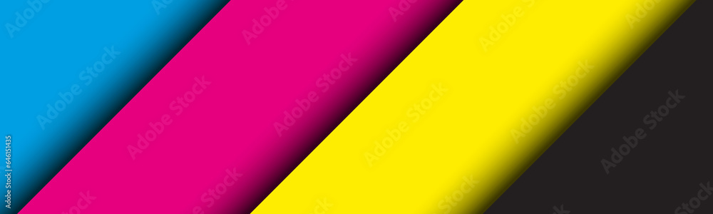 Black modern material header with overlapped layers with cmyk colors. Banner for your business. Vector abstract widescreen