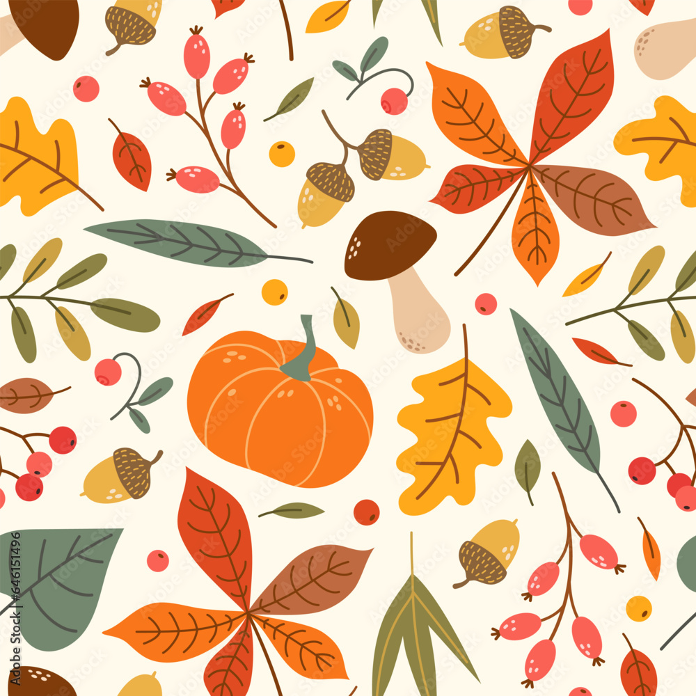 Autumn seamless pattern with fall leaves and plants, pumpkins, mushrooms, berries. Seasonal colors. Perfect for wallpaper, gift paper, textile, greeting cards.