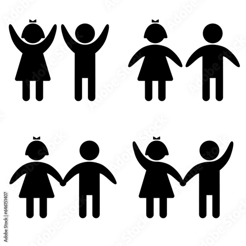Two kids icon set, black silhouette on white. Boy and girl couple hold hands and hold their hands up, stencil style. Vector shape for friendship or baby care illustration, World children's day design
