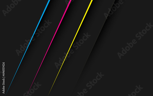 Black abstract modern background with lines in cmyk colors. Dark corporate design with blank place for your text. Modern vector illustration