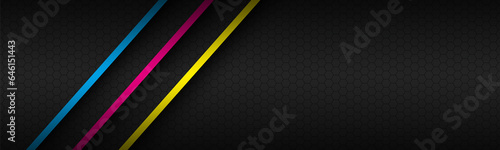 Black modern material header with overlapped layers and diagonal lines in cmyk colors. Template for your business. Vector abstract widescreen banner