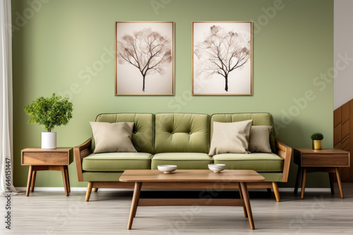 Cozy living room with vibrant green walls and matching green couch. This image can be used to showcase modern interior design or as background for home decor blogs or websites.
