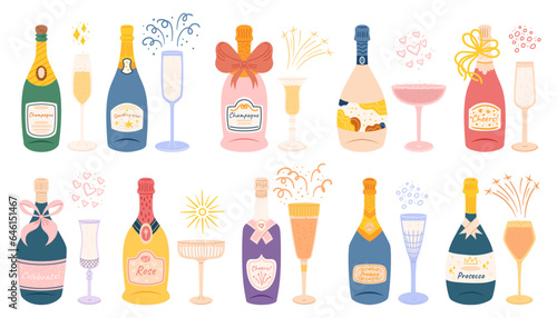 Elegant Champagne Bottles With Glasses For Celebrating Special Occasions, Create Festive Atmosphere, Vector Illustration