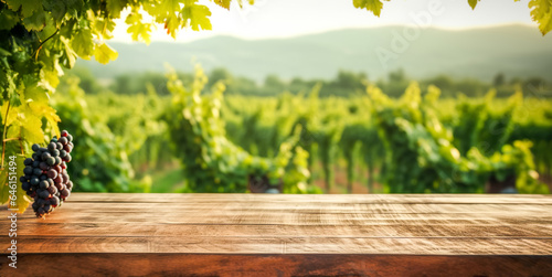 The empty wooden table top with blur background of vineyard.