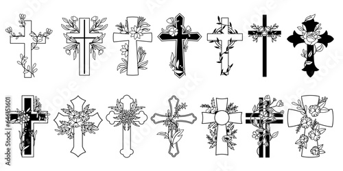Captivating Set Of Black and White Christian Crosses Adorned With Intricate Floral Designs, Vector Set