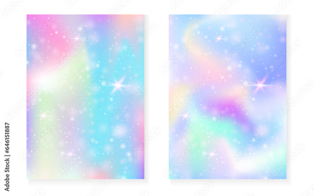 Magic background with princess rainbow gradient. Kawaii unicorn hologram.