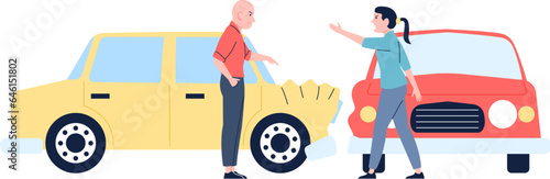Accident on road, crash urban car. Drivers conflict on street, transport traffic problems. Broken cars, man and woman scream recent vector scene