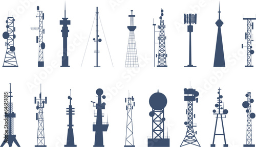 Isolated antenna tower silhouettes, 5g cell and gsm signal equipment. Communication internet towers, telecom or radio flat recent vector icons