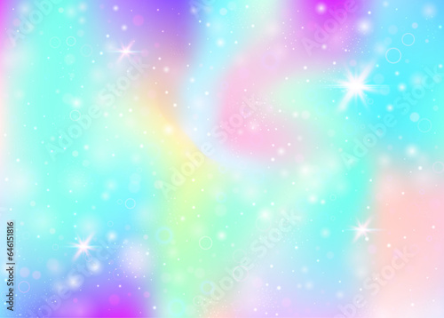 Magic background with rainbow mesh. Girlie universe banner in princess colors. Fantasy gradient backdrop with hologram. Holographic magic background with fairy sparkles, stars and blurs.