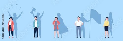 Motivation leader. Confidence and bravery fearless female and male characters. Abstract powerful people shadows, leadership recent vector concept