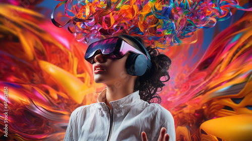 Portrait of amazed young woman wearing VR glasses exploring the virtual space of the metaverse. Futuristic entertainment concept.