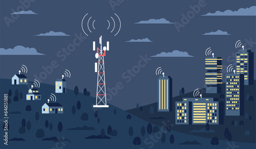 Night valley landscape with wireless network tower. 5g in village, telecommunication radar or radio equipment. Modern digital life recent vector background