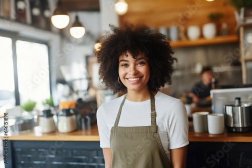 Woman standing in front of counter in restaurant. This image can be used to illustrate concept of dining out or customer service in food industry.