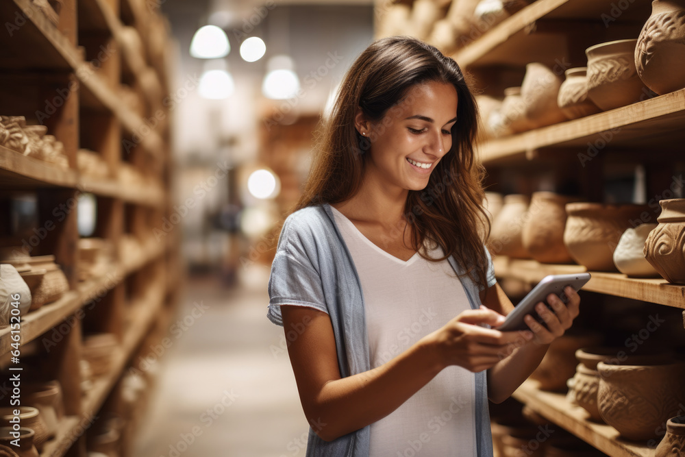 Woman standing in store, looking at her cell phone. This image can be used to illustrate technology, shopping, or communication concepts. Woman standing in store, looking at her cell phone. This image can be used to illustrate technology, shopping, or communication concepts.